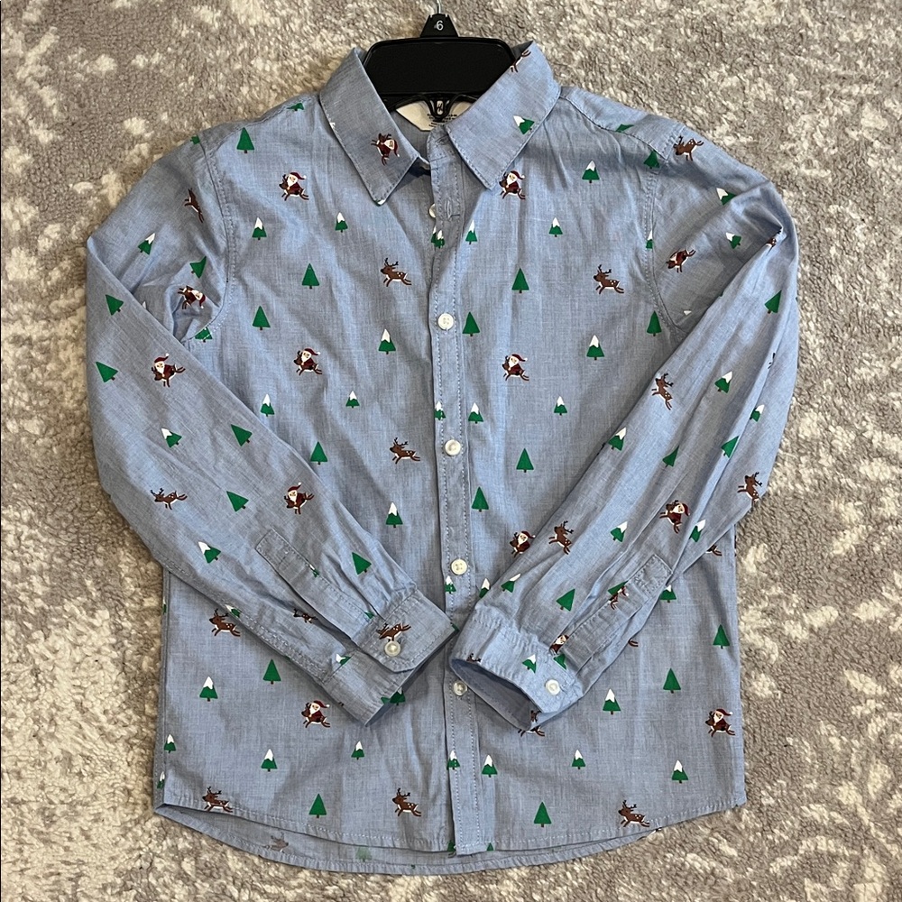 H&M Kids Light Blue Shirt with Reindeer and Tree Design